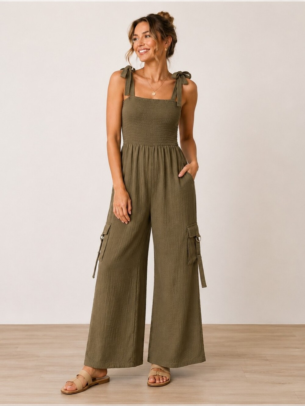 A-240 Miss Sparking XL Olive Cotton Gauze Smocked Wide Leg Cargo Jumpsuit Tie